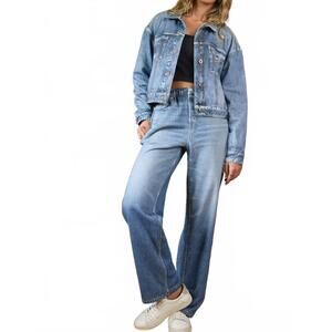 NEW VINTAGE HAVANA demin fleece wide leg pants in blue